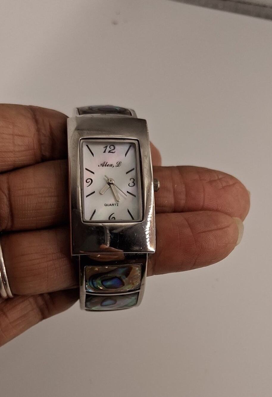 Womens Alex L Silver Tone Abalone Shell Inlay Cuff Watch Mother of Pearl Dial